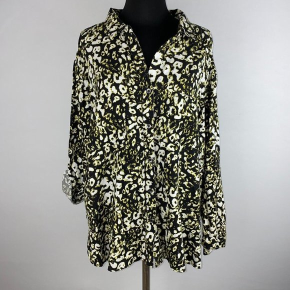 Rock & Republic XXL Animal Cheetah Leopard Print Button Down Roll Tab Sleeves - Picture 1 of 12